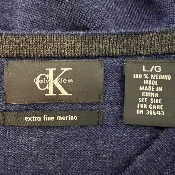 Calvin Klein Mens Sweater Large Dark Blue Extra Fine Merino Wool Pullover V-Neck - Picture 4 of 5